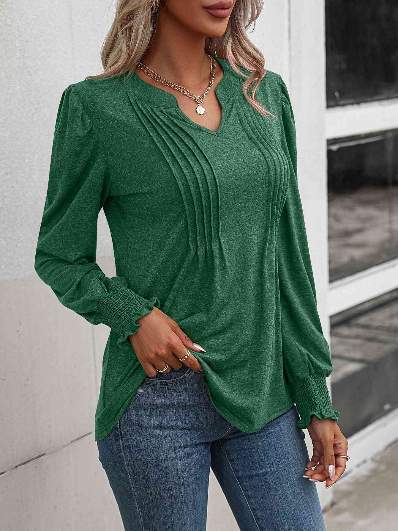 Ruched Notch Neck Puff Sleeve Smocked Blouse (6 colors)