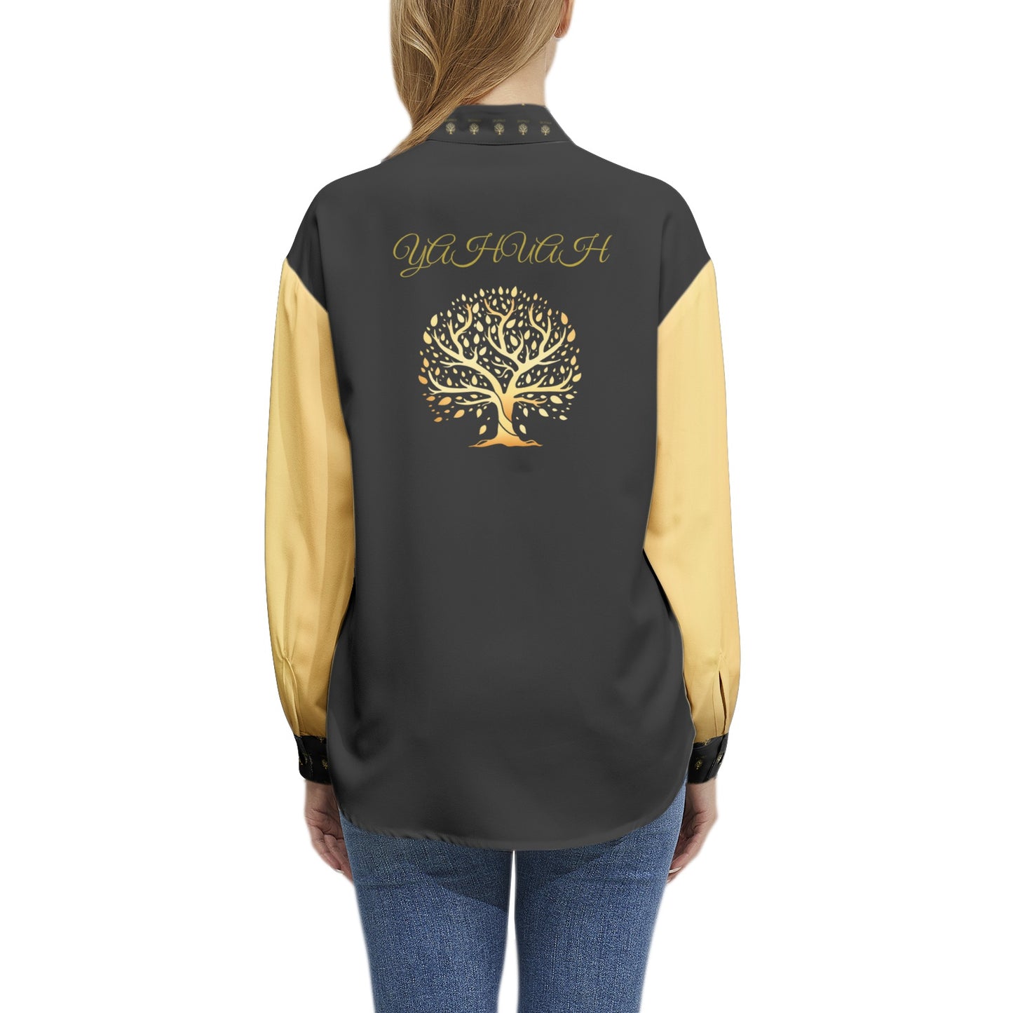 Yahuah-Tree of Life 01 Elect Blusa de manga larga con botones y cuello de banda para mujer 