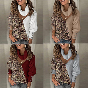 Suéter de punto con manga farol y botones de primavera con cuello alto y retales de leopardo (6 colores)
