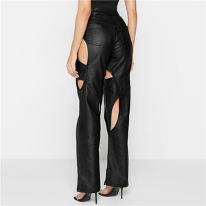 High Waist Straight Hollow Faux Leather Pants