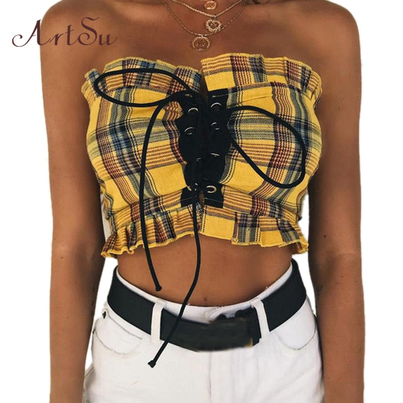 Plaid Ruffle Lace Up Bohemian Tube Top