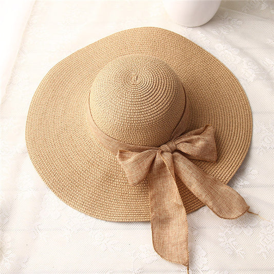 Hand Made Ribbon Bow-knot Wide Brin Straw Hat