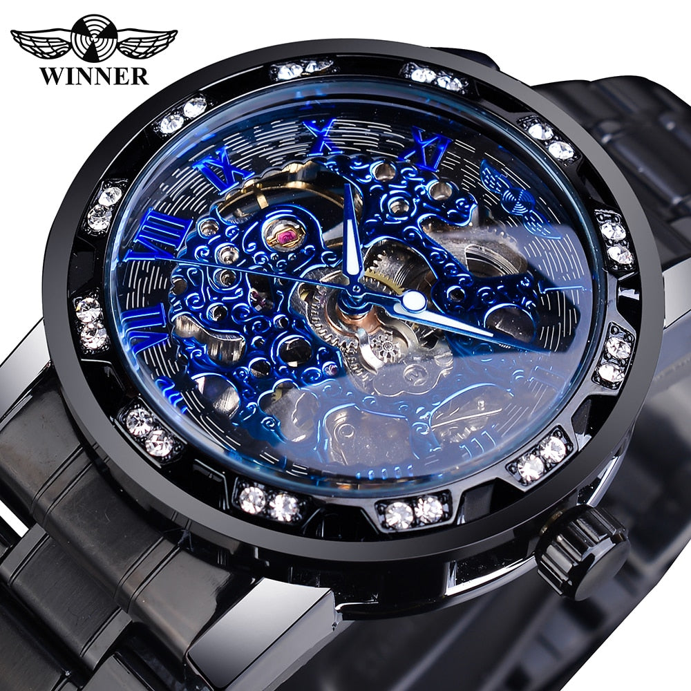 Classic Rhinestone Roman Numeral Analog 40mm Skeleton Mechanical Stainless Steel Luminous Watch for Men (4 colors)