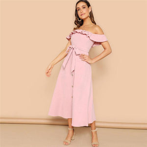 Bohemian Pink Off the Shoulder Midi Dress