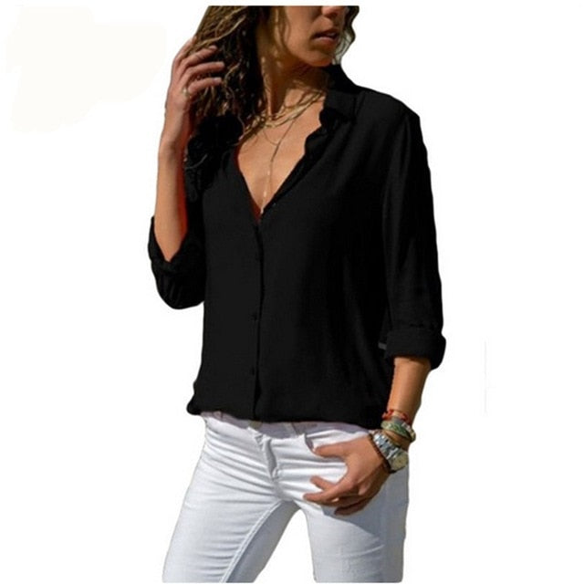 Lossky Long Sleeve Solid V-Neck Chiffon Button Up Blouse (8 colors)
