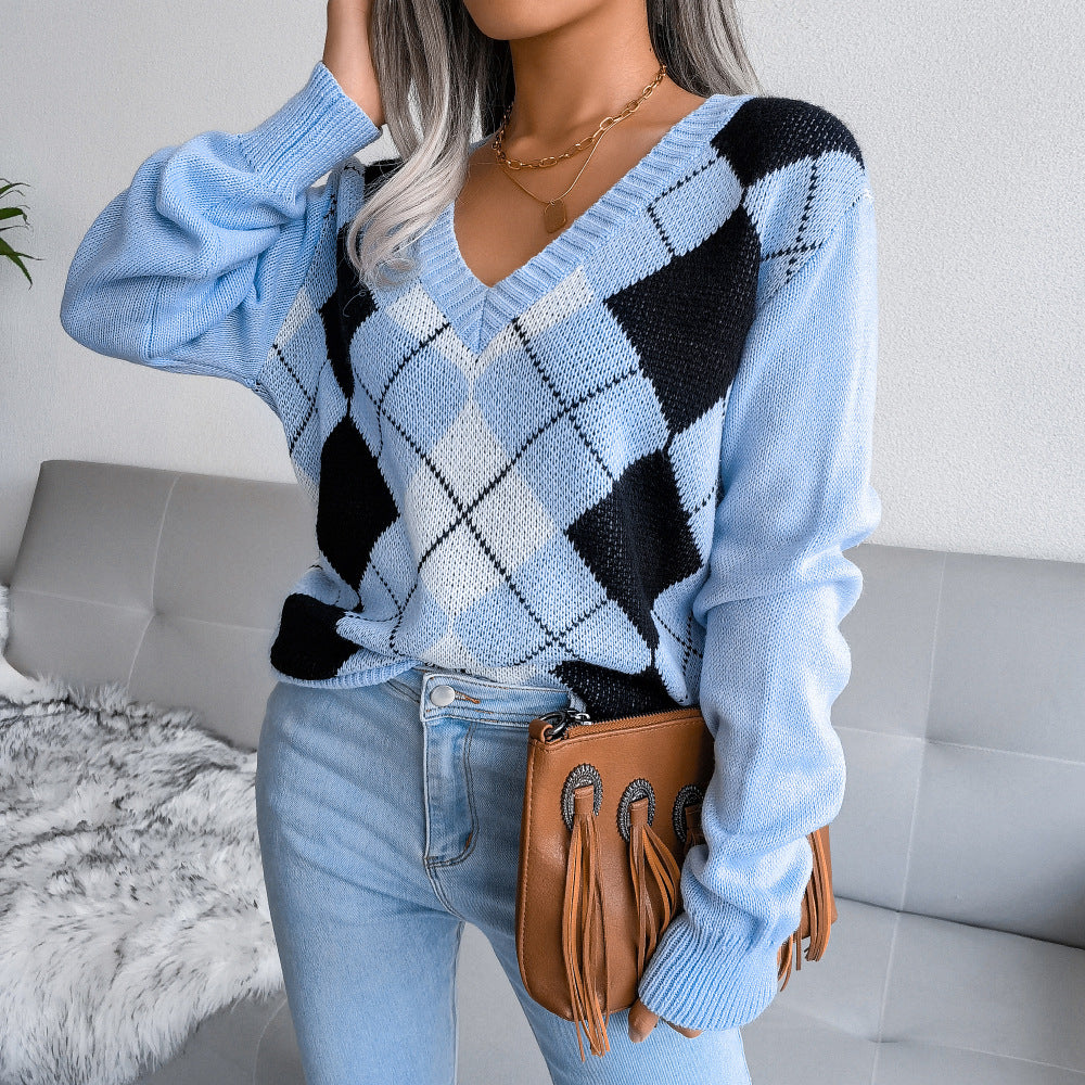 College Style Diamond Print Lady Sweater