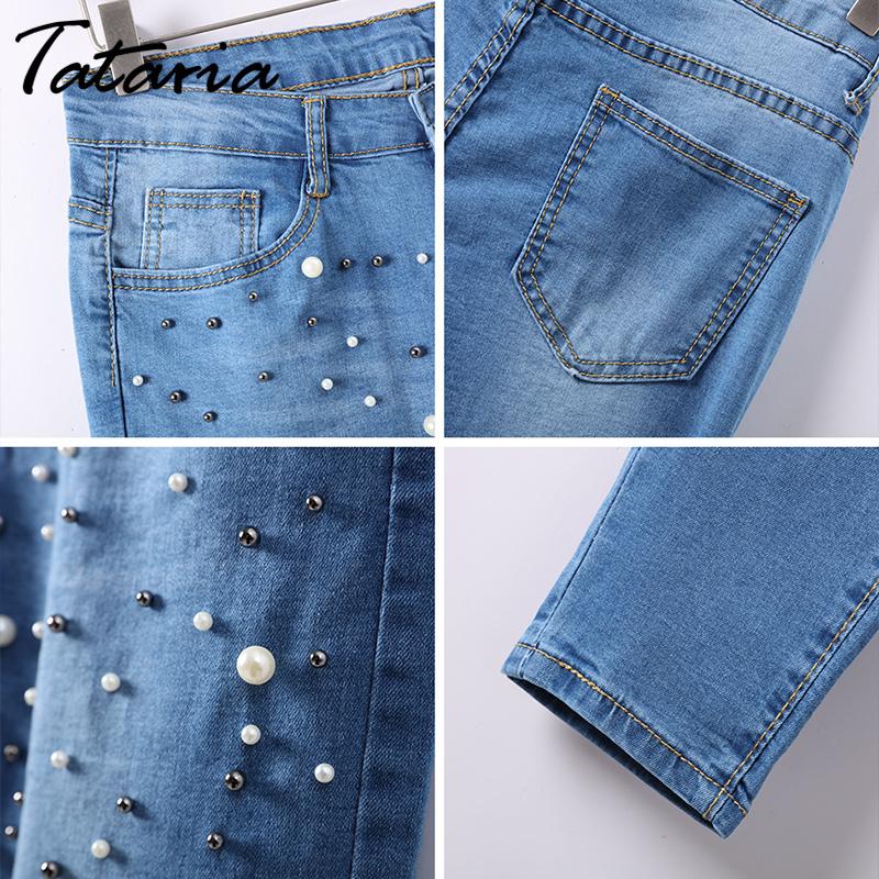 Pearl Detailed Denim Low Waist Skinny Jeans