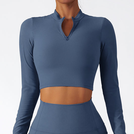 Stand Collar Cropped 1/4 Zip Long Sleeve Slim High Intensity Thin Sports Shirt