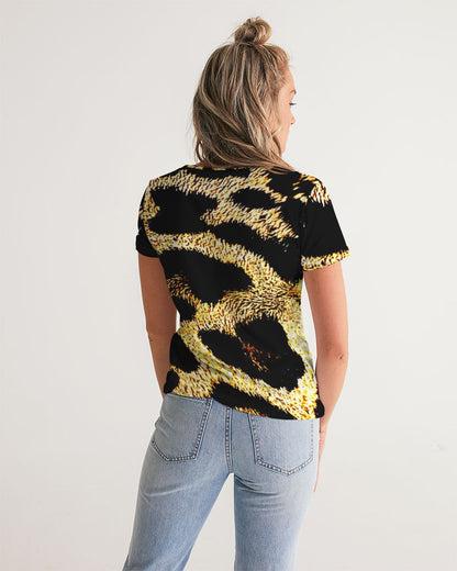 Primal Elegance: Golden Leopard Abstract V-neck T-shirt