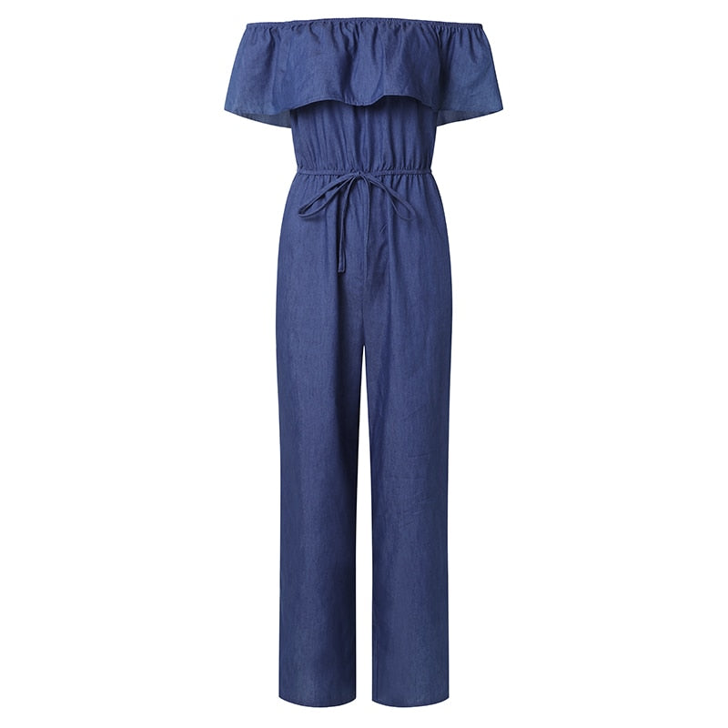 Bohemian Denim Off Shoulder Ruffle Wide Leg Jumpsuit