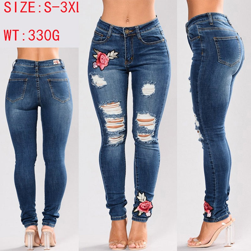 Pantalon Stretchy Ripped Low Rise Rose Embroidery Detail Skinny Jeans (3 colors)