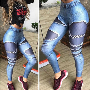 3D Printed Fake Denim Mesh Skinny Pants