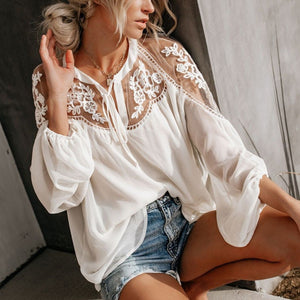 V-Neck Lace Mesh Stitching Long Sleeve Ruched Blouse