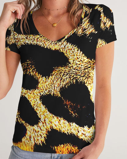 Primal Elegance: Golden Leopard Abstract V-neck T-shirt