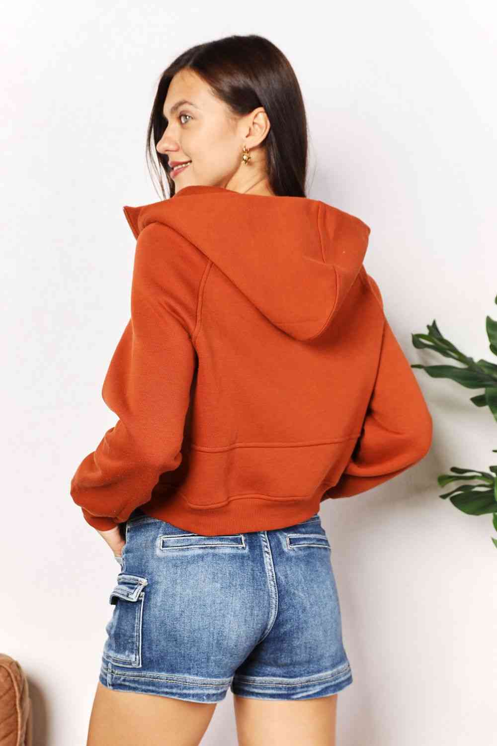 Ochre Color Cropped Long Sleeve Half-Zip Hoodie