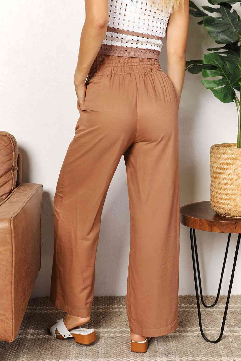 Smocked Drawstring Elastic High Waist Wide Leg Pants (Camel/Black)