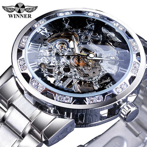 Classic Rhinestone Roman Numeral Analog 40mm Skeleton Mechanical Stainless Steel Luminous Watch for Men (4 colors)