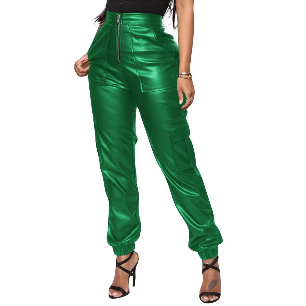 Ladies Mid Waist Multiple Pocket PU Leather Pants