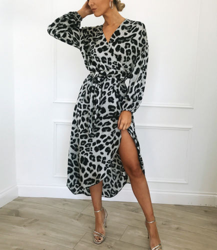 Leopard Print Asymmetrical V-neck Midi Dress