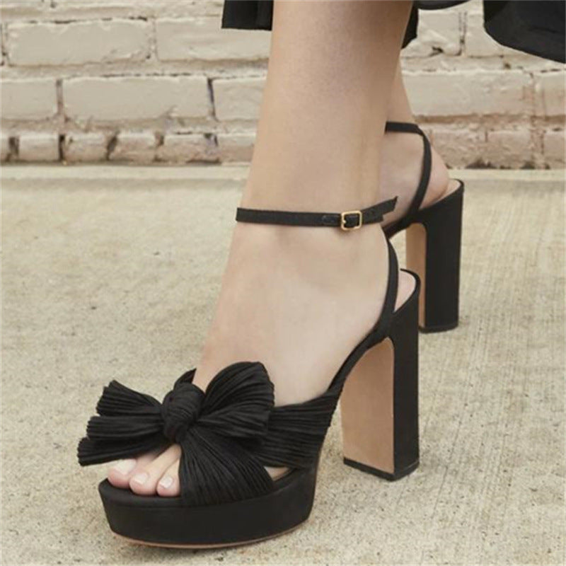 PU Leather Bow Decor Buckle Platform Block High Heel Sandals