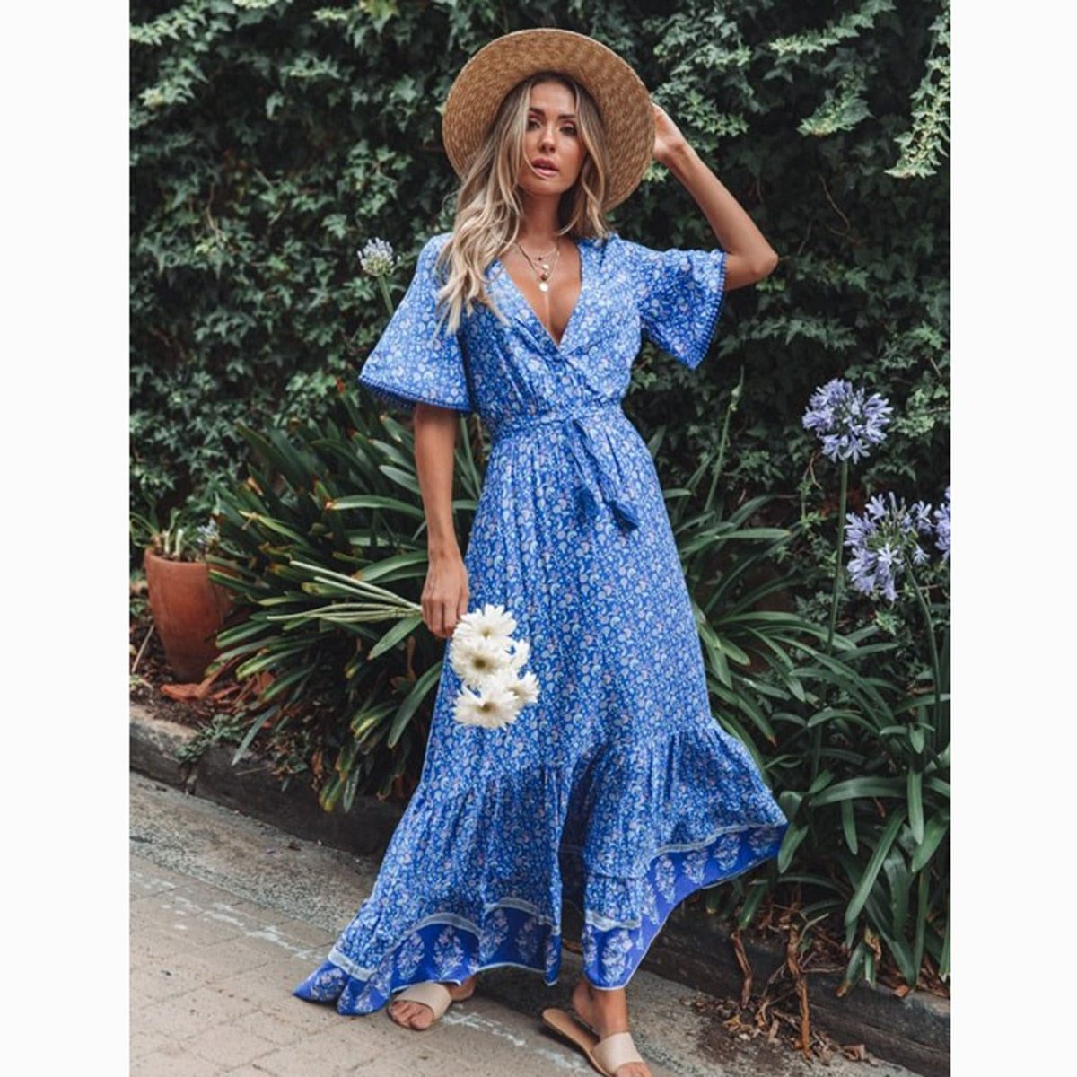 Frieda Bohemian Floral Print V Neck Waist Tie Maxi Dress