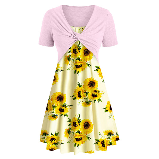 Sunflower Print Two Piece Short Sleeve Mini Dress (5 colors)