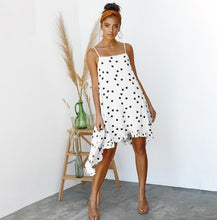 Load image into Gallery viewer, A-line Spaghetti Strap Ruffled Polka Dot Print Bohemian Midi Dress