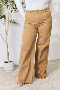 Jeans anchos con dobladillo con flecos en color moca