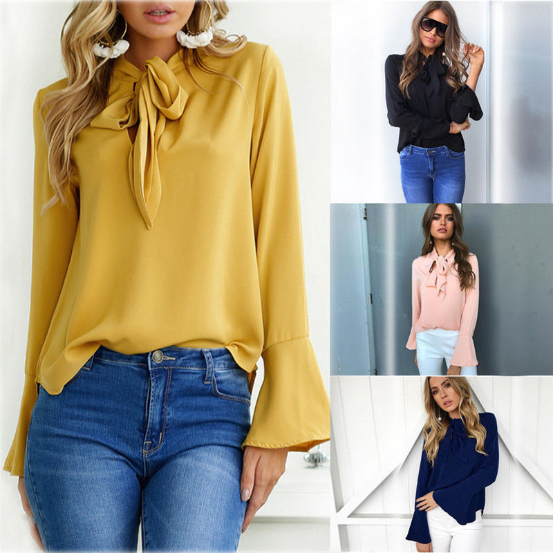 V-neck Trumpet Sleeve Chiffon Blouse (4 colors)