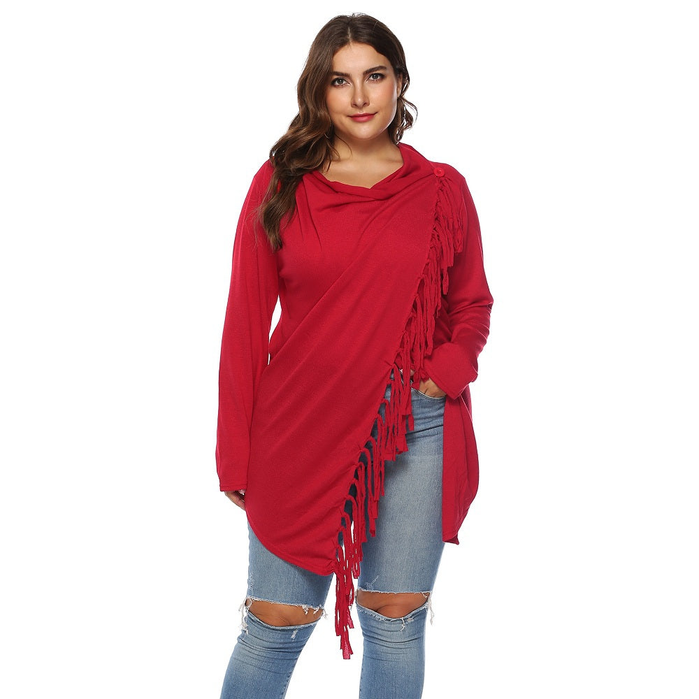 Irregular Tassel Detail One Button Plus Size Cardigan