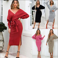 Load image into Gallery viewer, Split V-Neck Sweater Midi Dress with Belt