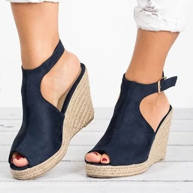 Peep Toe Suede Wedge Ankle Strap Shoes