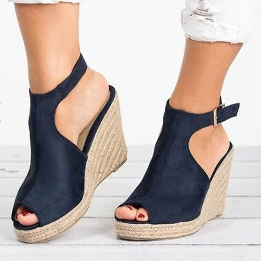 Peep Toe Suede Wedge Ankle Strap Shoes