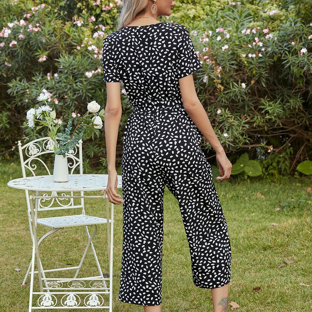 Single Breasted V Neck Short Sleeve Printed Wide Leg Capri Jumpsuit