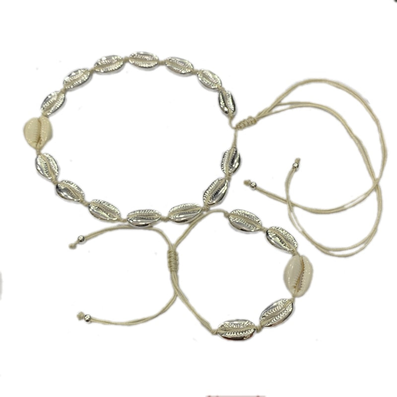 Bohemian Natural Shell Gold Cowrie Necklace and Bracelet Set