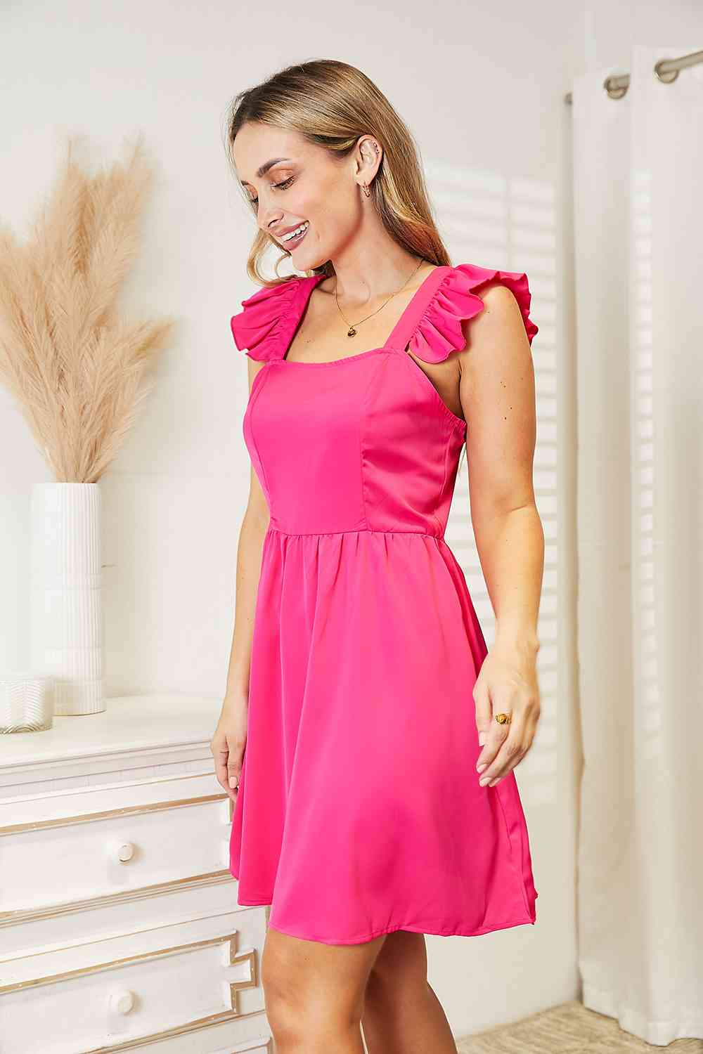 Hot Pink Ruffled Square Neck Mini Dress