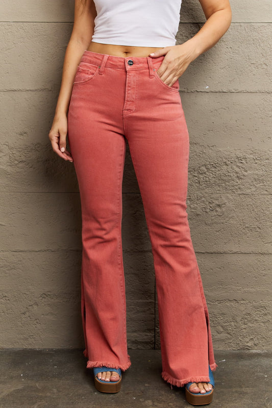 Coral Color High Waist Full Size Side Slit Flare Jeans