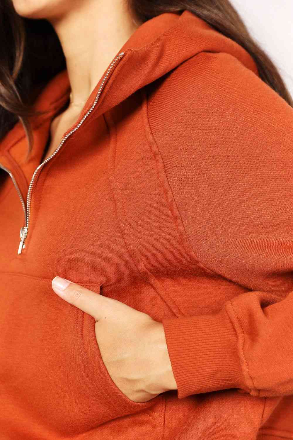 Ochre Color Cropped Long Sleeve Half-Zip Hoodie