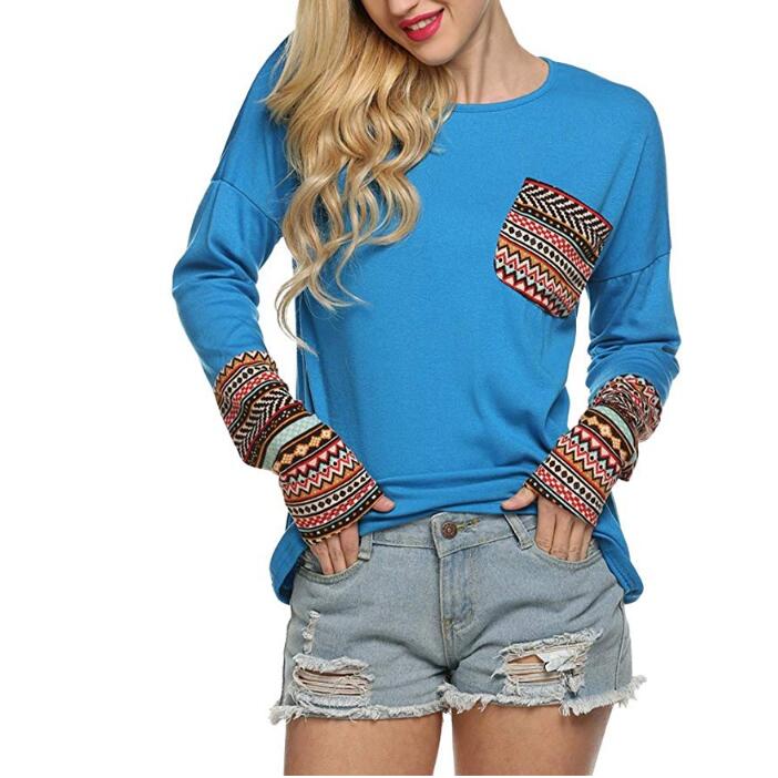 Round Neck Patchwork Long Sleeve T-shirt (4 colors)