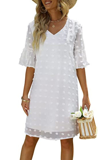 V-Neck Chiffon Swiss Dot Short Sleeve Dress