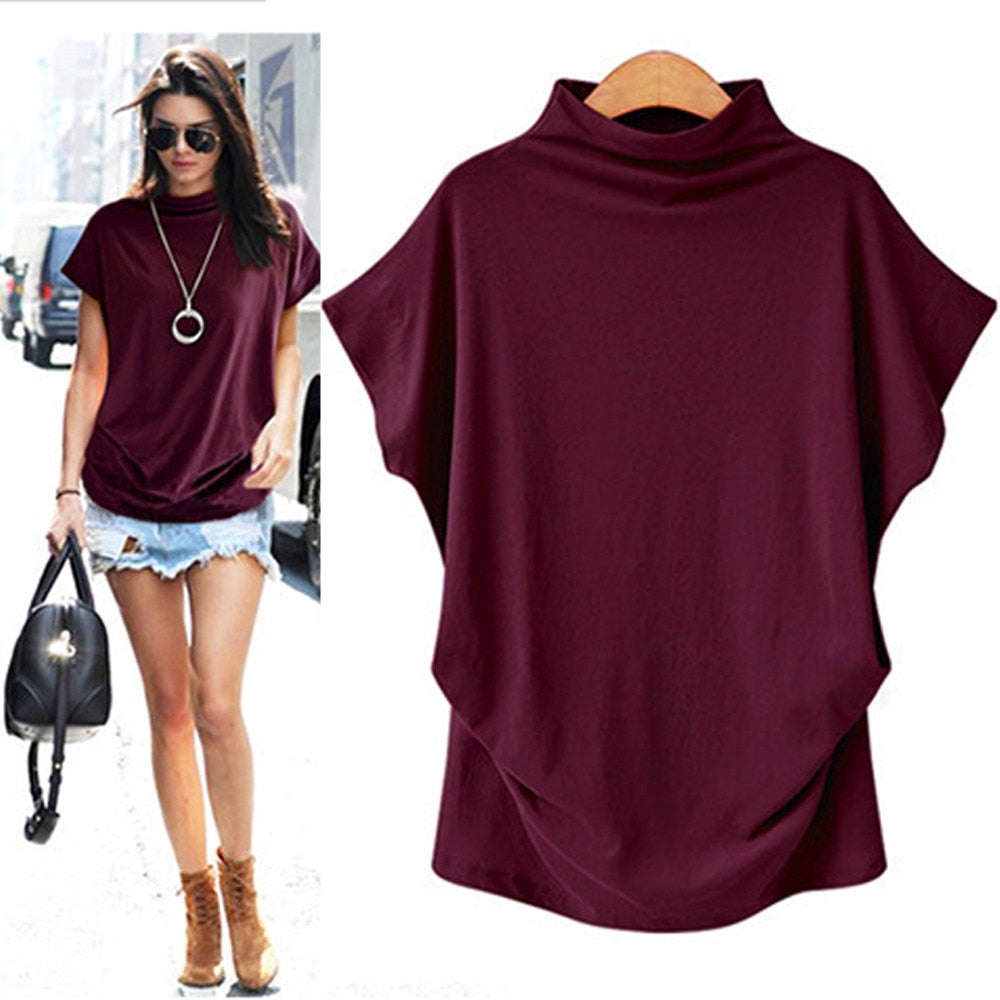 Solid Turtleneck Short Sleeve Blouse (6 colors)