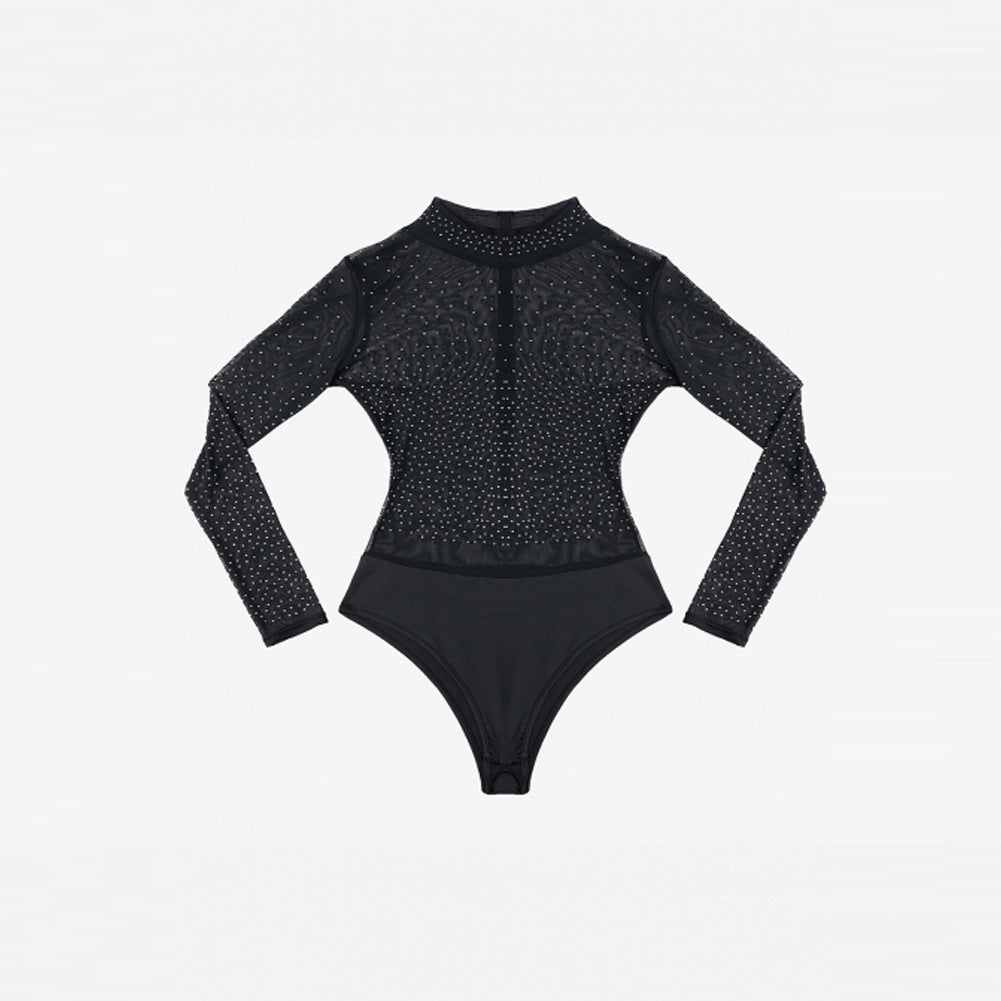 Black Mesh High Neck Long Sleeve Slim Bodysuit