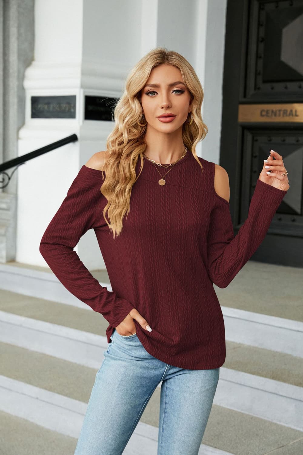 Open Shoulder Long Sleeve Blouse (7 colors)