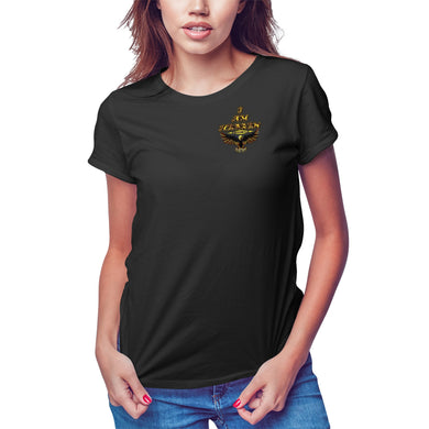 I AM HEBREW 02 Camiseta de jersey de algodón Pima de diseñador para mujer (negro/blanco) 