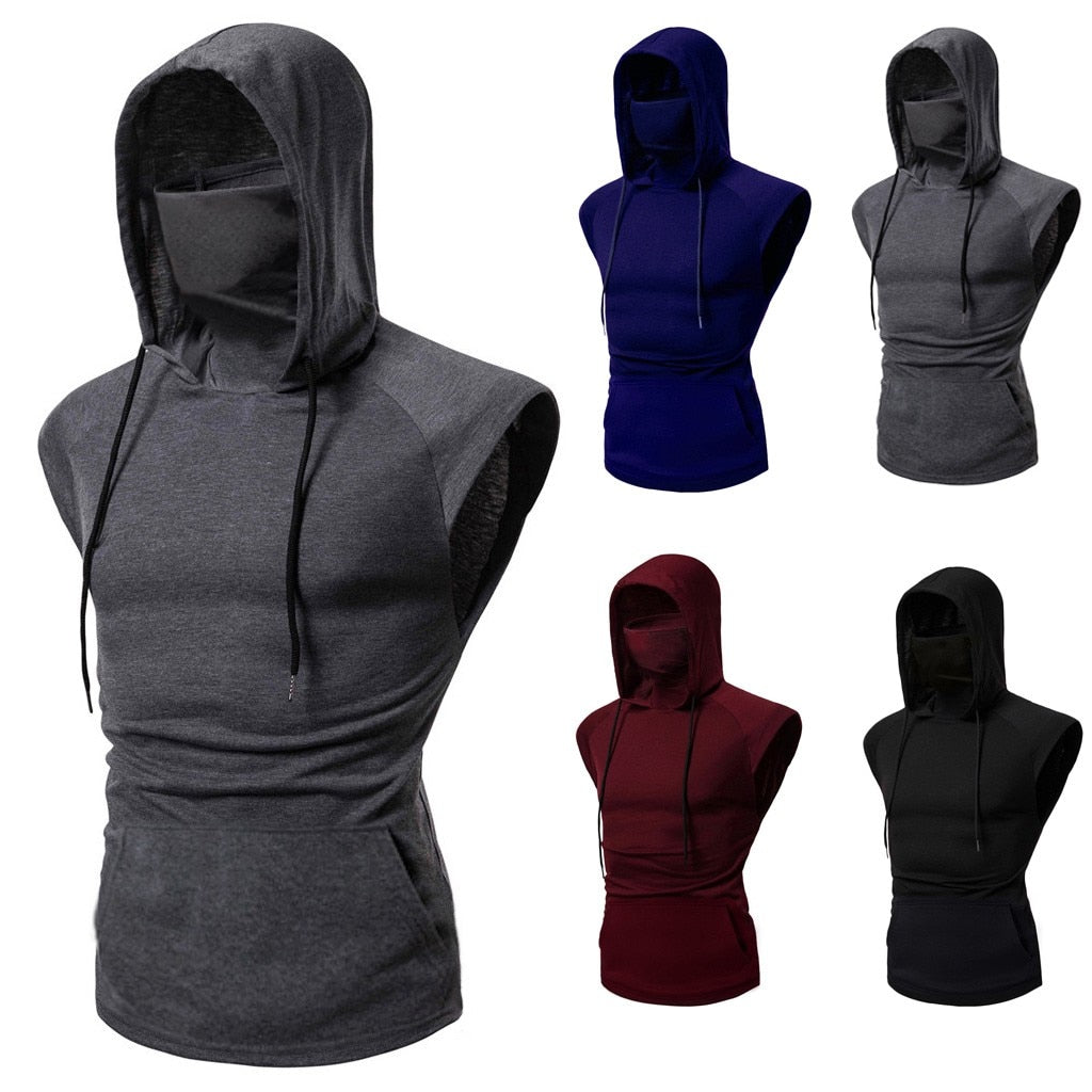 Spliced Sleeveless Masked Male Pullover Hoodie (4 colors)