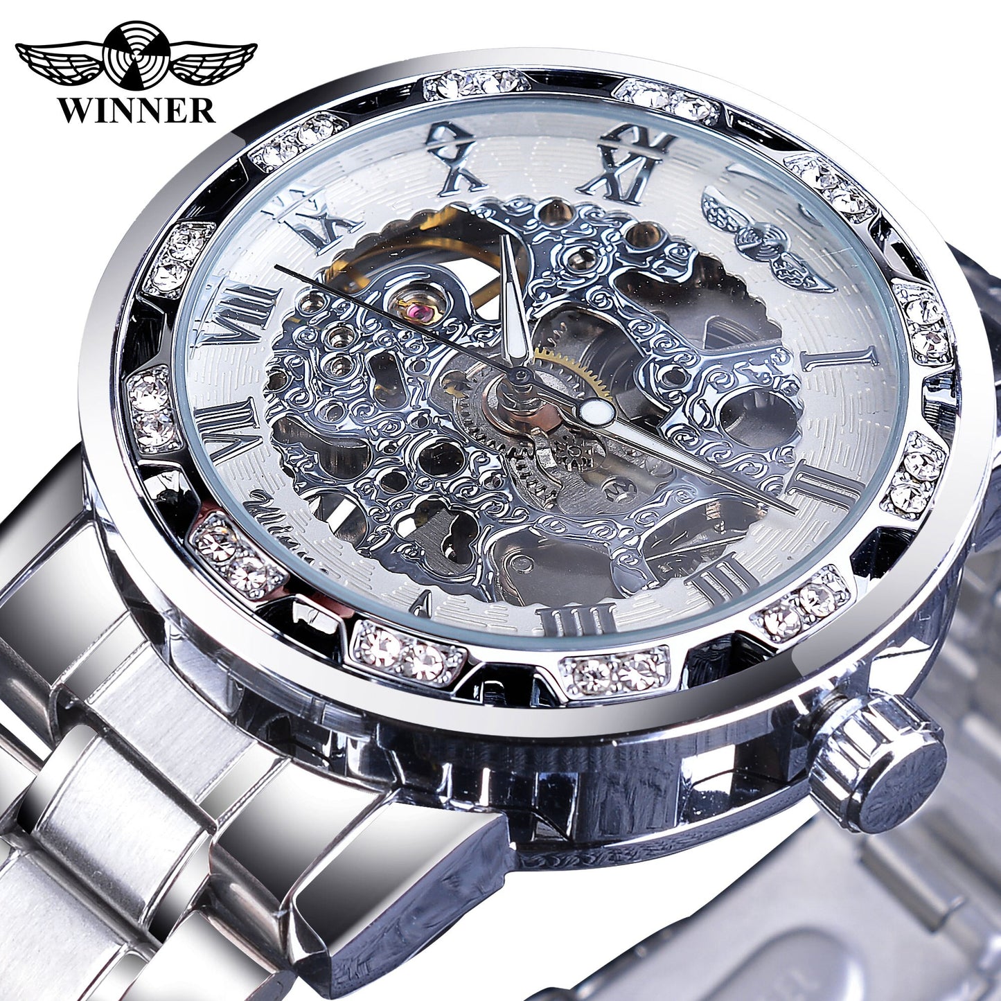 Classic Rhinestone Roman Numeral Analog 40mm Skeleton Mechanical Stainless Steel Luminous Watch for Men (4 colors)