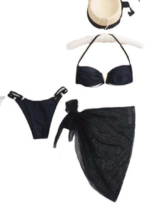 Bikini de tres piezas con cuello halter y cintura alta