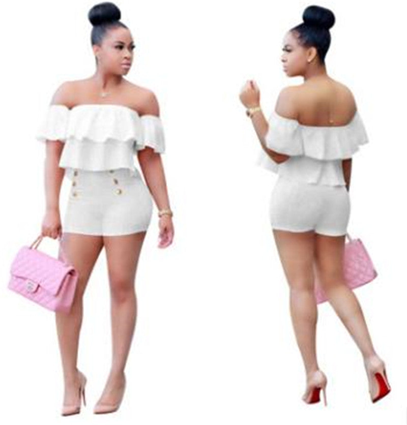 Bodycon Two Piece Off Shoulder Ruffle Crop Top Shorts Set