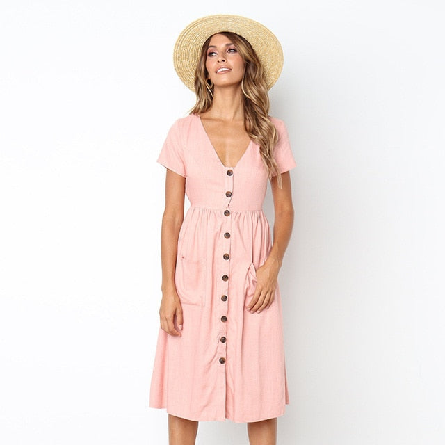 Solid V-neck Button Bohemian Casual Cotton Midi Dress