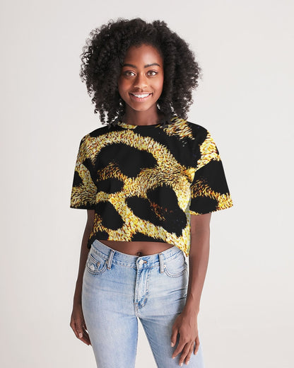 Primal Elegance: Golden Leopard Abstract Drop Shoulder Raw Hem Crop Top